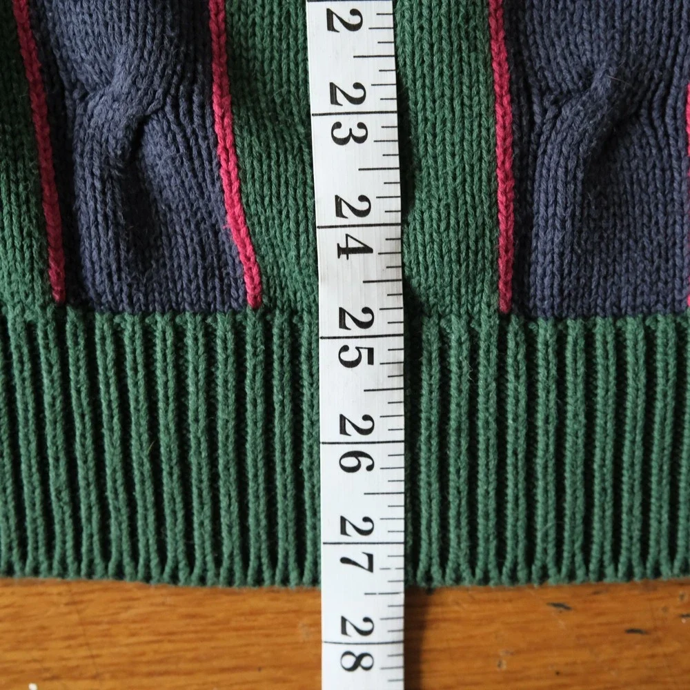 John Ashford Sweater Cable Knit Green Striped 100% Cotton XL Vintage Preppy 3437